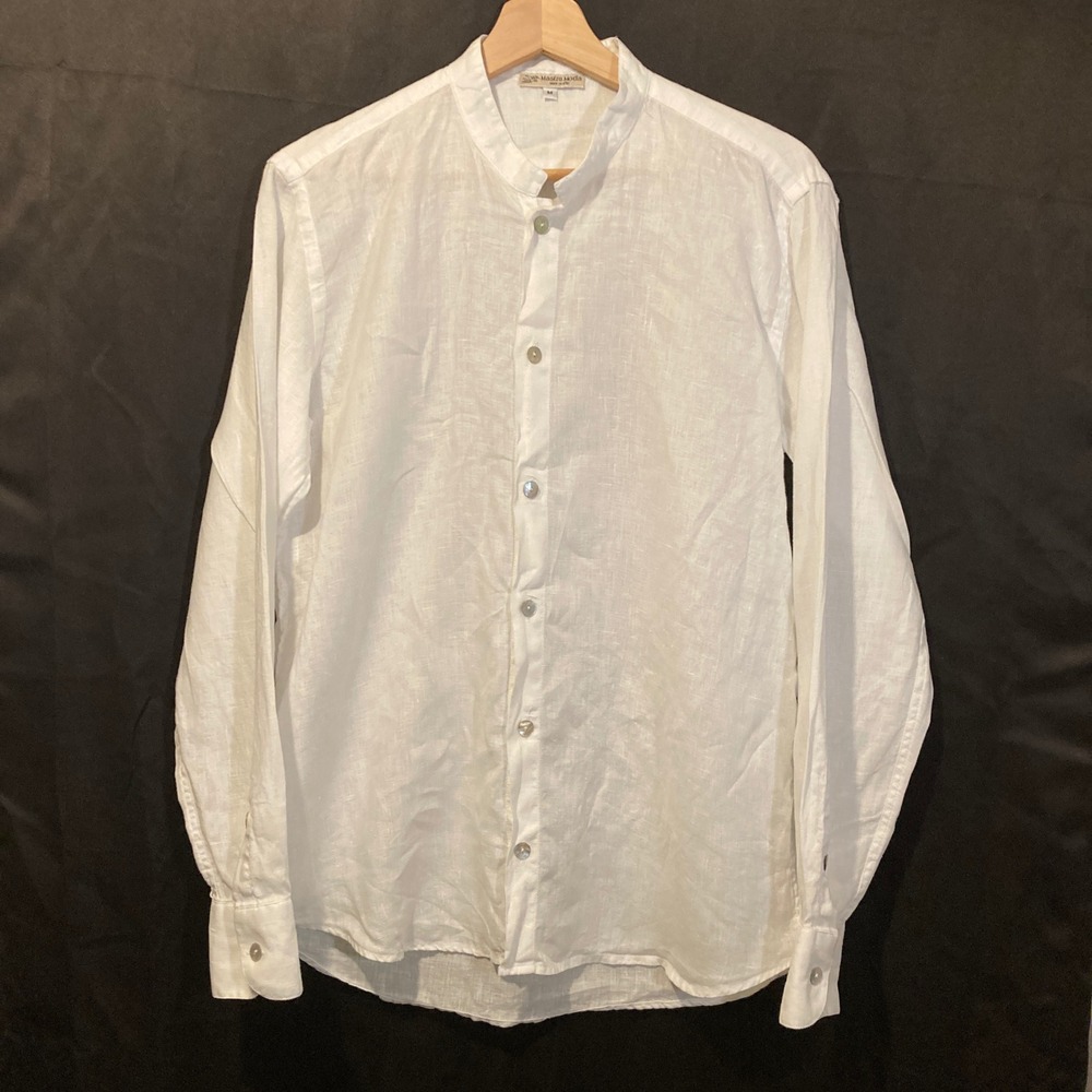 Mastro Moda Mens White Linen Band Collar Button Down Shirt Made in Italy Size M